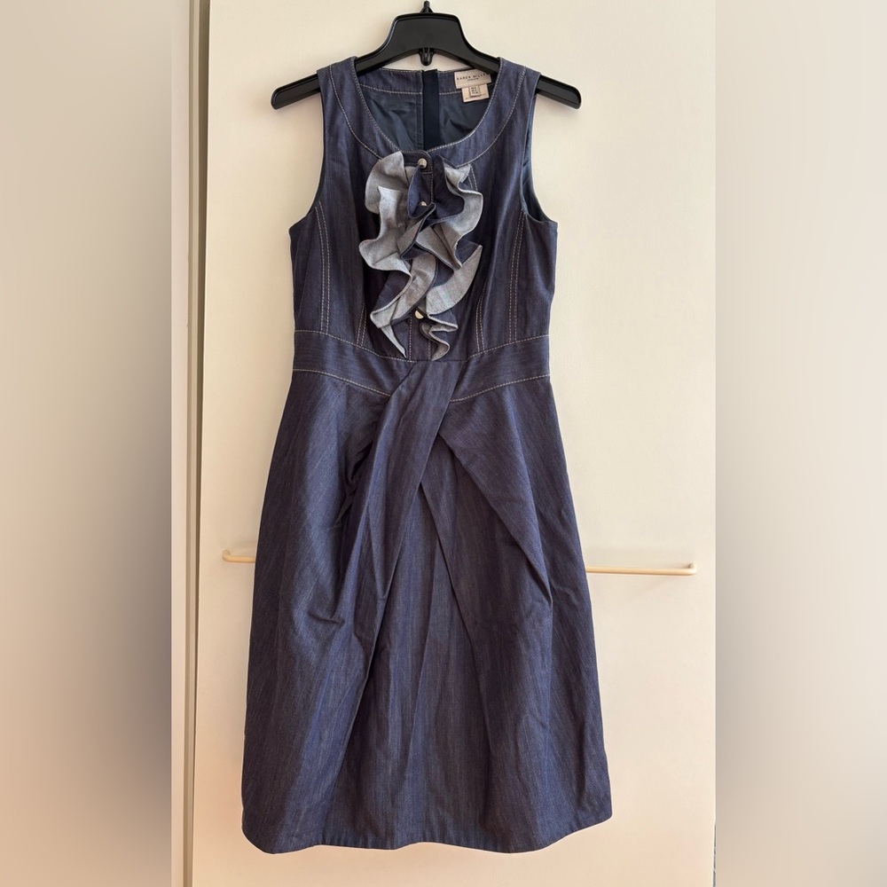 Karen Millen Navy Midi Denim Chambray Dress Ruffle Front S 4 dark blue